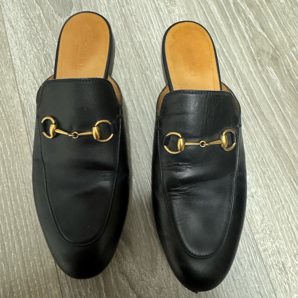 Gucci Black Leather Loafers with Gold Accents